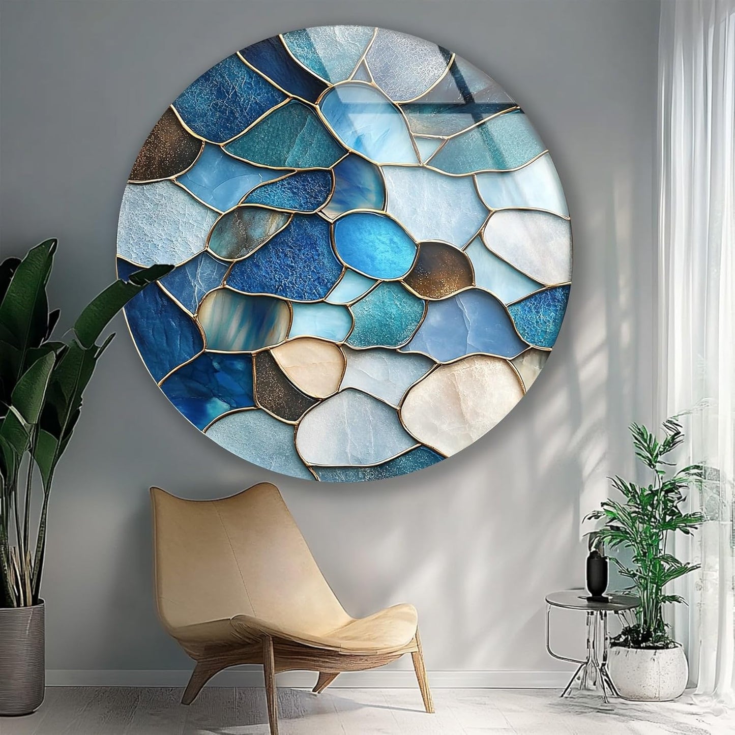 My Photostation.com 27.5''(70cm) Diameter Coastal Blue Stone Mosaic Round Glass Wall Art Tempered Glass Printing Wall Decor Large Wall Art Wall Hangings