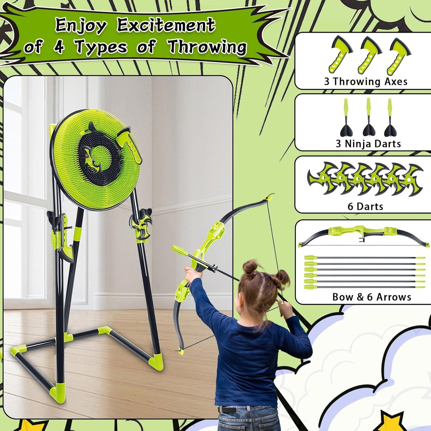 Axe Throwing Game for Backyard - 4 in 1 Outdoor Games for Kids Adults Family - Bristle Target, Bow & 5 Arrow, 3 Throwing Axes, 3 Ninja Stars, 6 Darts Includes - Archery Games for Yard Lawn Carnival