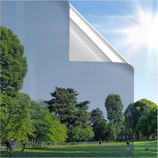 rabbitgoo Window Privacy Film One Way Window Tint for Home, Removable Reflective Heat Sun Blocking Anti UV Glass Door Covering, Mirror Tinting Film House Office, 35.4 in X 9.8 Feet, Silver