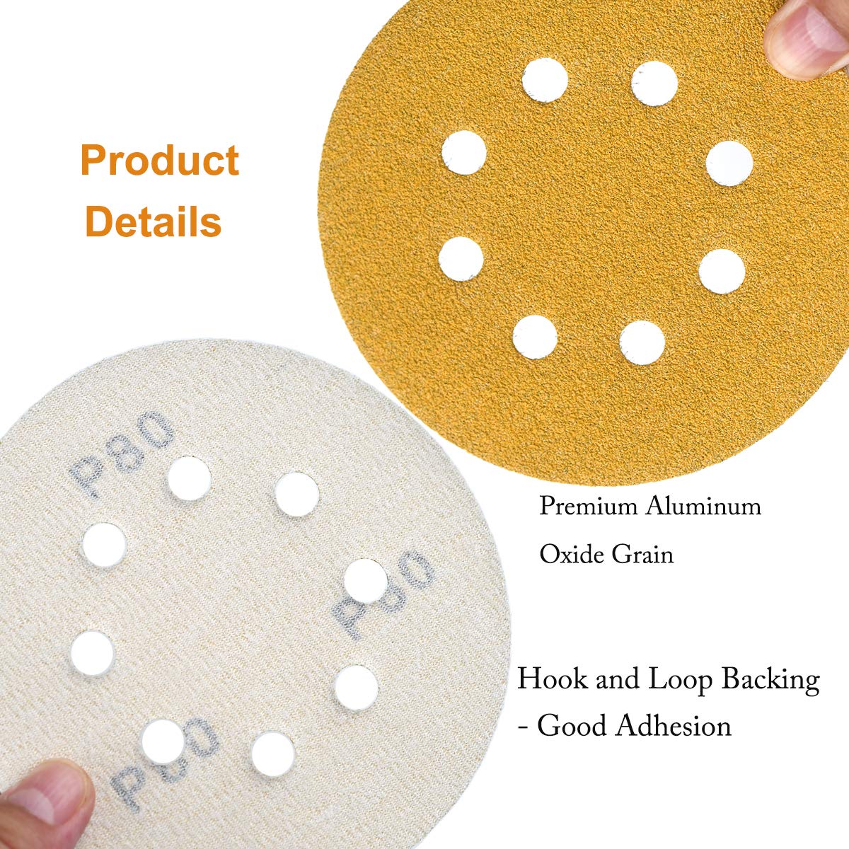 5-Inch 8-Hole Hook and Loop Sanding Discs 80-Grit Random Orbit Sandpaper, 50-Pack