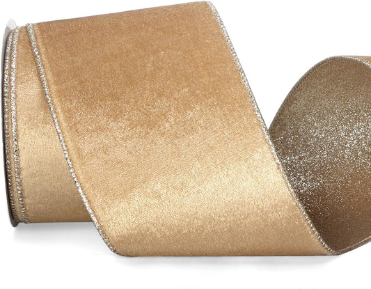 Ribbli Champagne Gold Velvet Wired Ribbon 4 Inch Khaki Velvet with Champagne Glitter Christmas Ribbon for Christmas Tree Decoration Big Bow Gift Wrapping Crafts Wreaths Supplies- 10 Yards