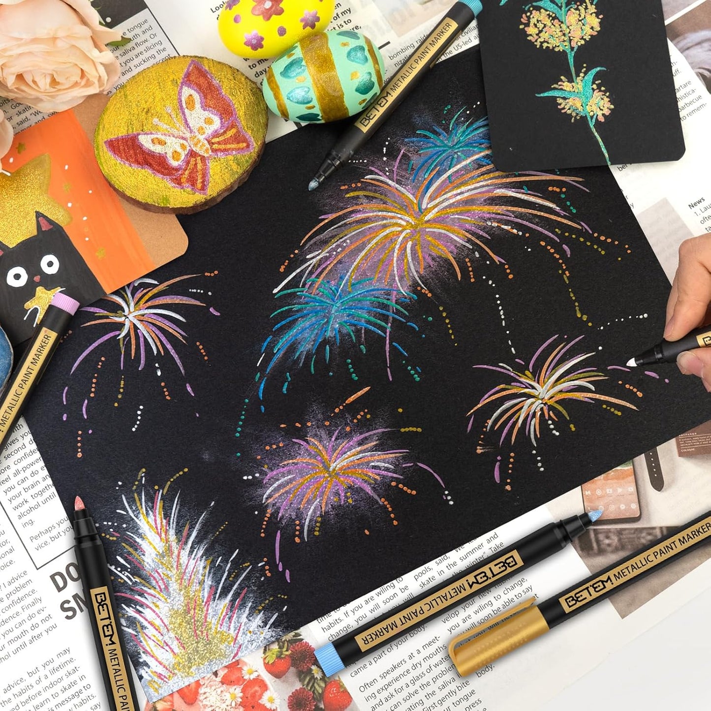 Betem Metallic Paint Markers, 10 Colors Acrylic Paint Metallic Markers for Black Paper, 2mm Medium Tips Glitter Pens Scrapbooking Supplies, Pumpkin Painting Kit for Rock Painting, Cards, Photo Albums