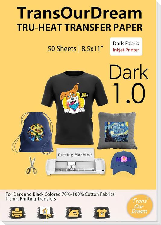 TransOurDream Heat Transfer Paper for Dark T Shirts (50 Sheets, 8.5x11", Dark 1.0) Iron on Transfers Paper for Inkjet Printer Printable Heat Transfer Vinyl for Dark Fabrics