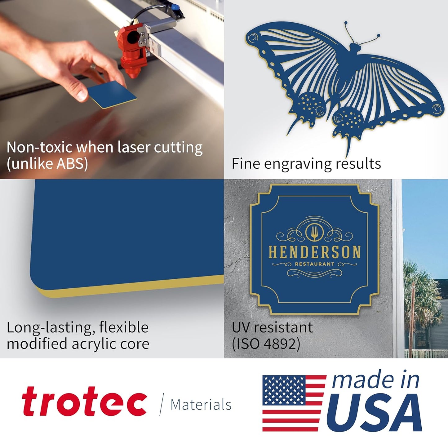 Trotec TroLase | 12"x12"x1/16", 8 Pcs | Navy Blue/Gold | 2 Ply | Modified Acrylic | Laser Engraving Double Color Plastic Sheet | Engraving Blanks for Laser, Saw, Guillotine | Made in USA