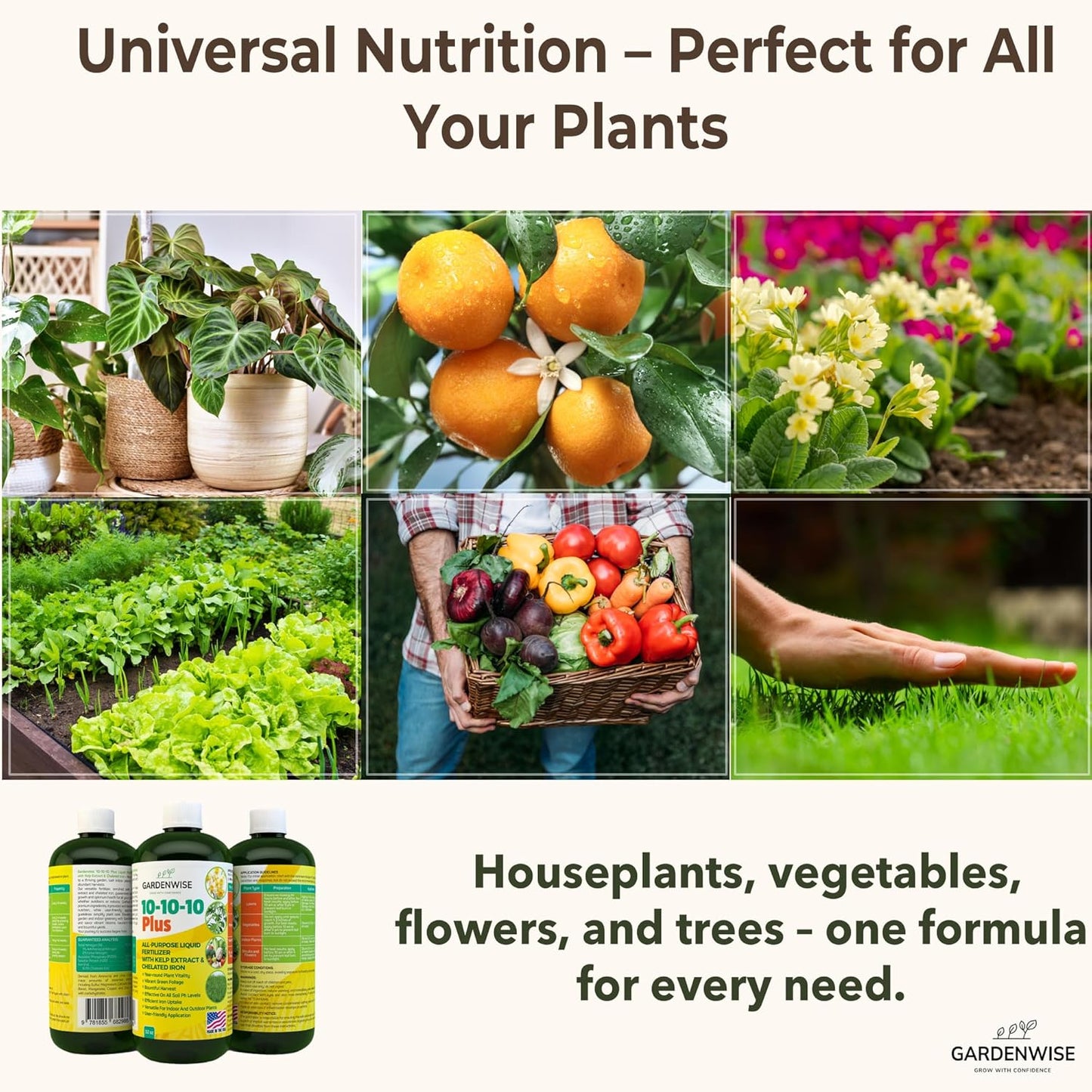 10-10-10 All Purpose Plant Food - Liquid Fertilizer with Seaweed Kelp & Iron - Indoor & Outdoor Plant Food, Vegetables, Flowers, Lawn & Garden 1x32oz