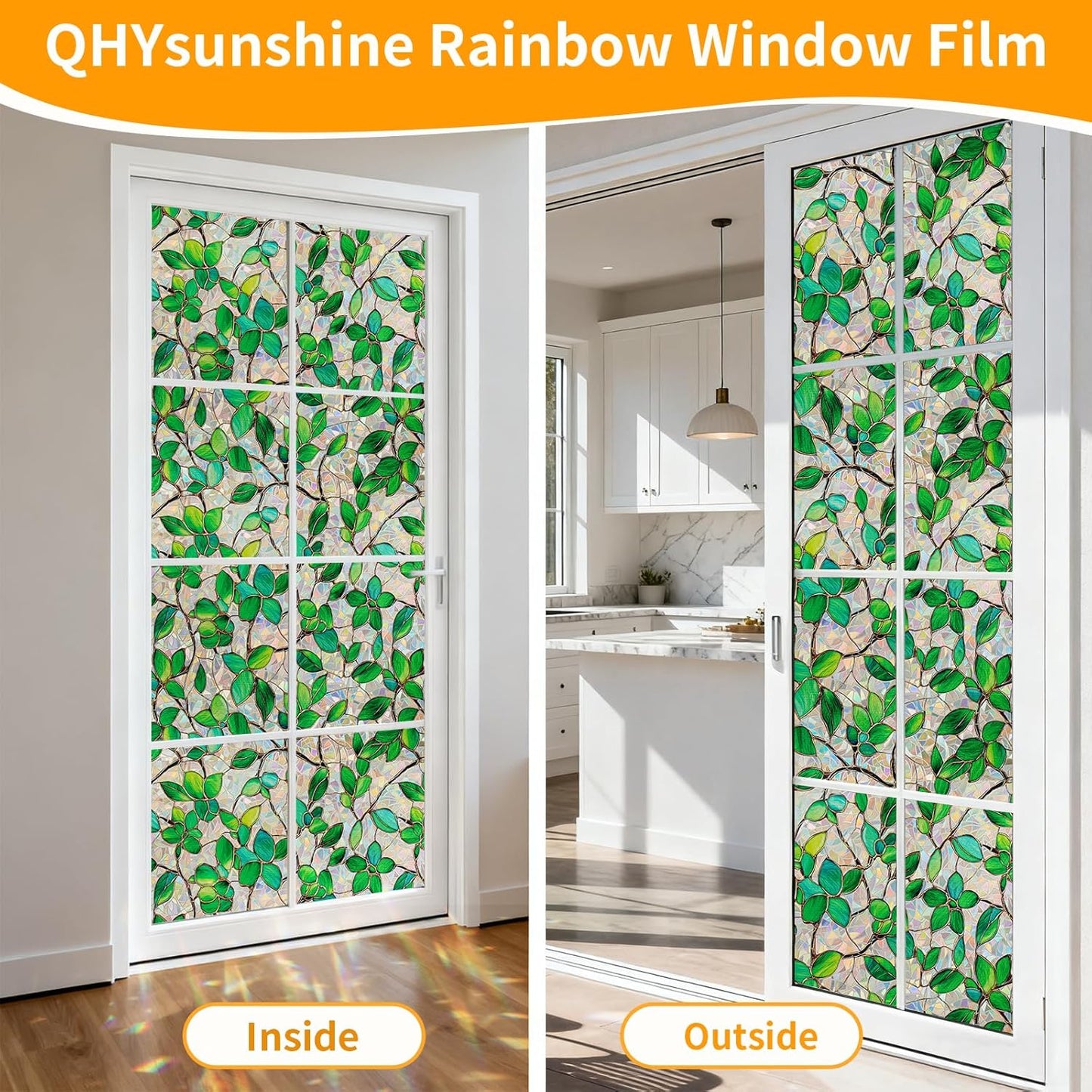 Stained Glass Window Privacy Film Decorative Rainbow Static Clings – Ideal for Home & Office, Adhesive-Free, Removable, UV-Blocking (Green Rainbow, 35.4 X 157.4 in)