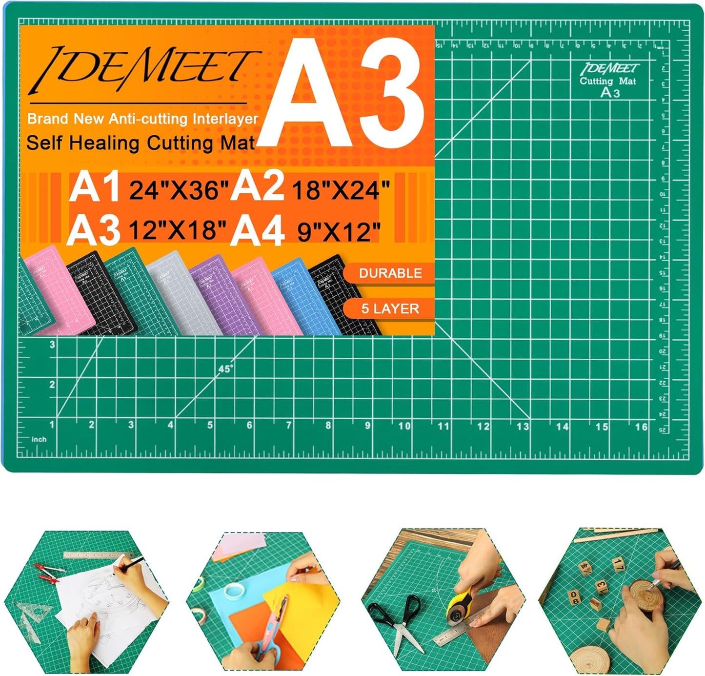 Self Healing Cutting Mat, Density-upgraded 18inch x 12inch Sewing Mat for Crafts, 5-Ply Rotary Cutting Board Double-sided for Cutting Quilting Modeling Projects, Green
