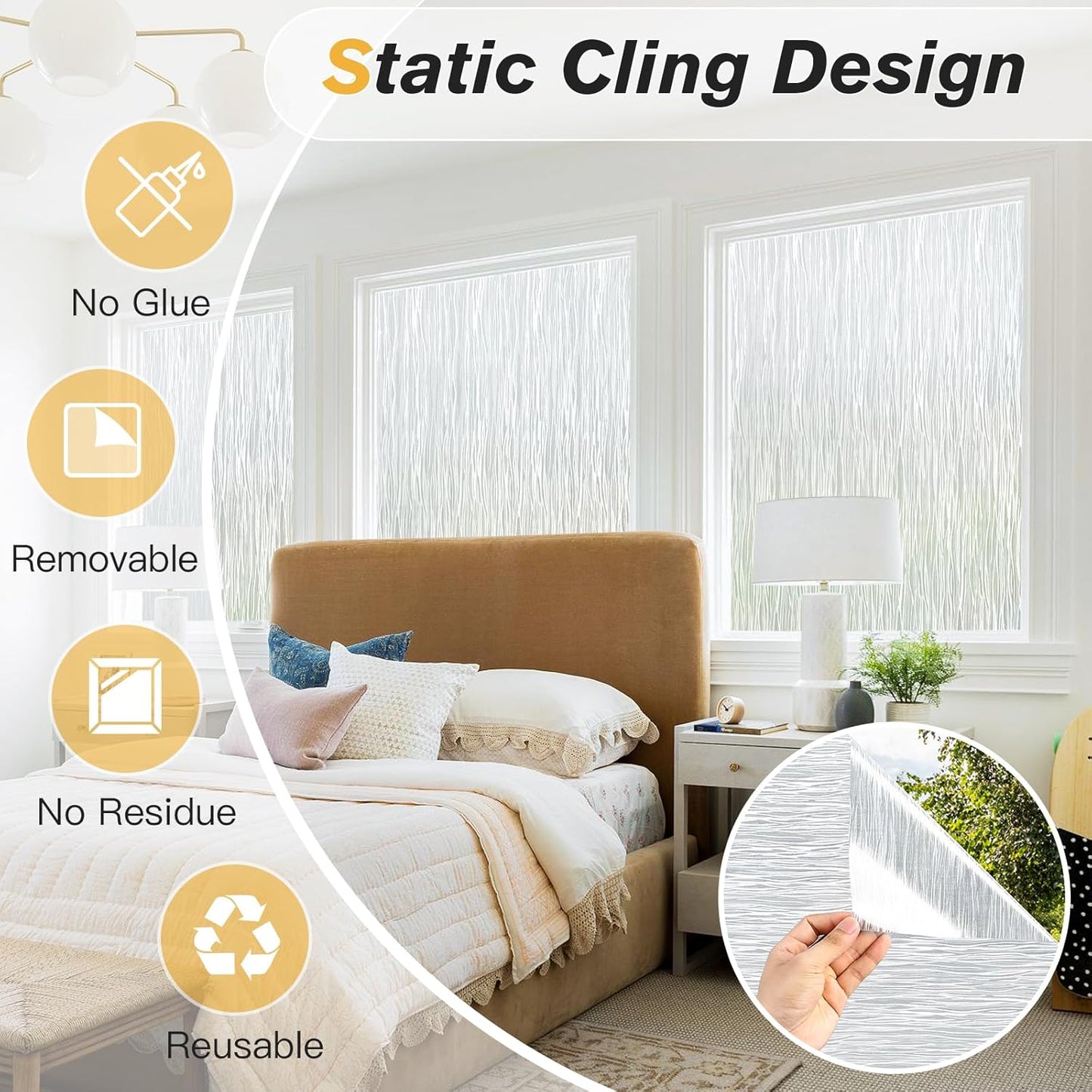 Haton Window Privacy Film, Frosted Glass Privacy Window Clings, Sun Blocking Frosting Opaque Coverings, Static Cling Removable Decorative Stickers for Home Door, Non-Adhesive 23.6" x 78.7"