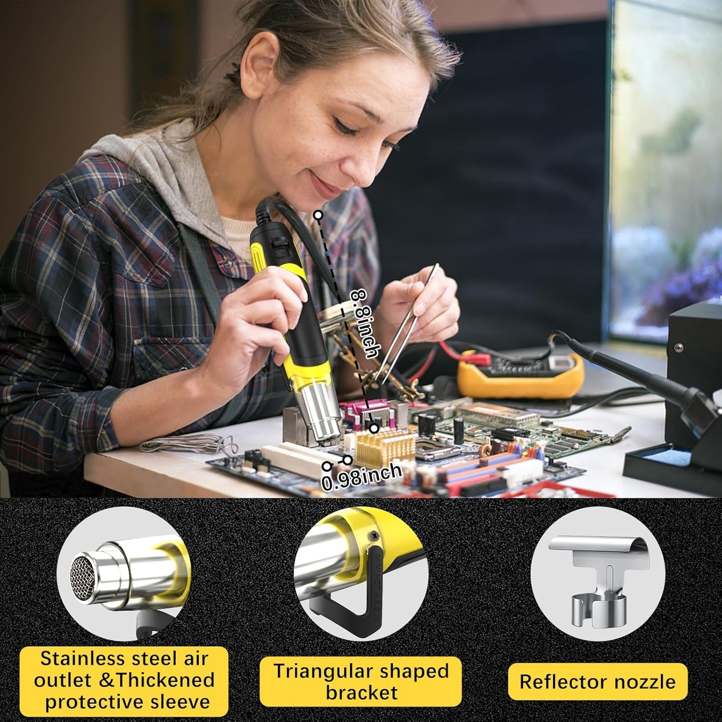 Mini Heat Gun, 500W 2-Temp 662°F-932°F (350°C-500°C) Fast Heat Hot Air Gun with 5.9Ft Cord & Reflector Nozzle for Crafting, Vinyl Wrap, Embossing, Shrink Tubing/Wrapping, Epoxy Resin