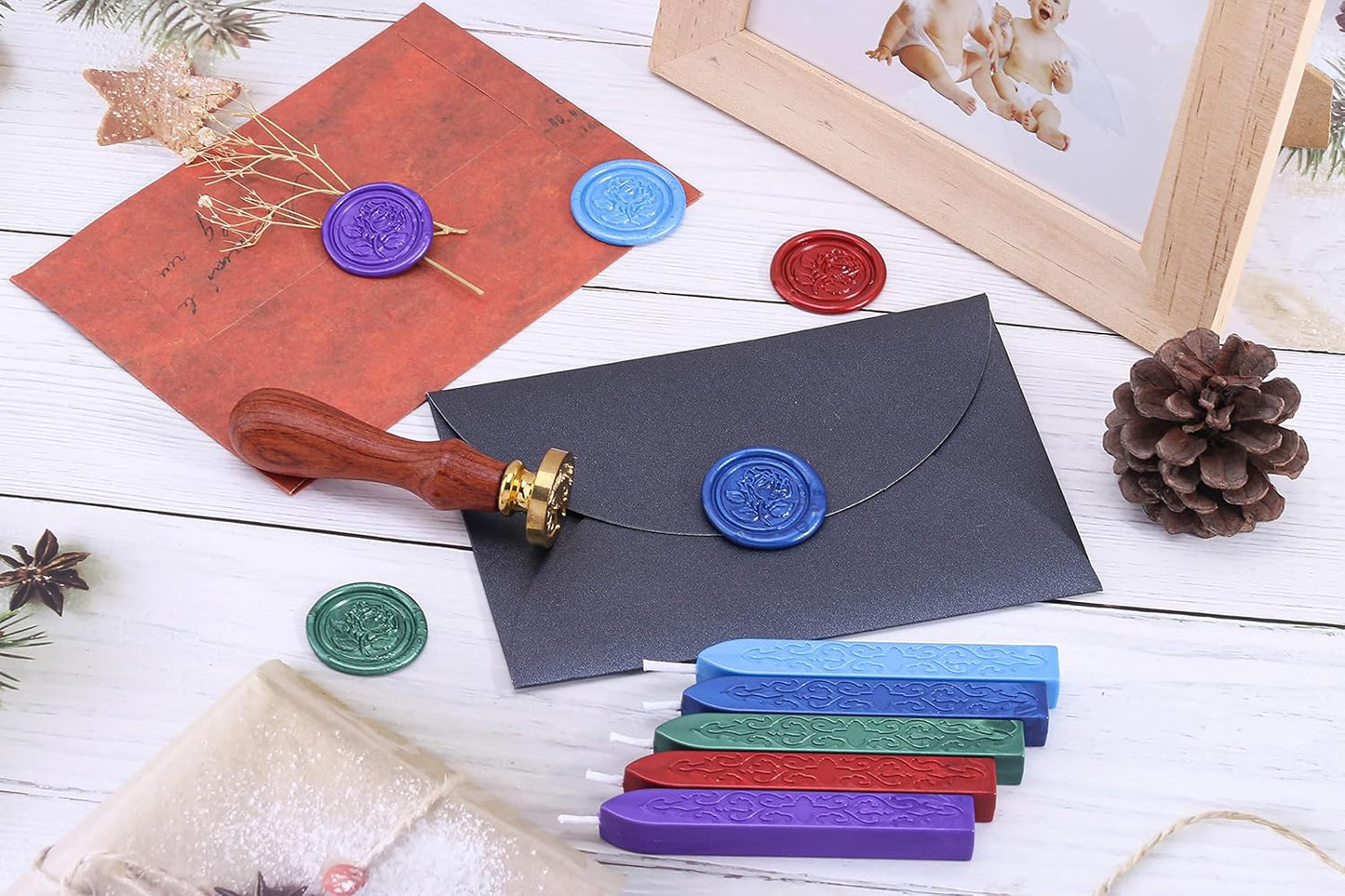 Yoption 5 Color Sealing Wax Sticks, Vintage Totem Fire Manuscript Wax Seal Sticks with Wicks for Wax Seal Stamp (Blue+Purple+Red+Navy Blue+Green)