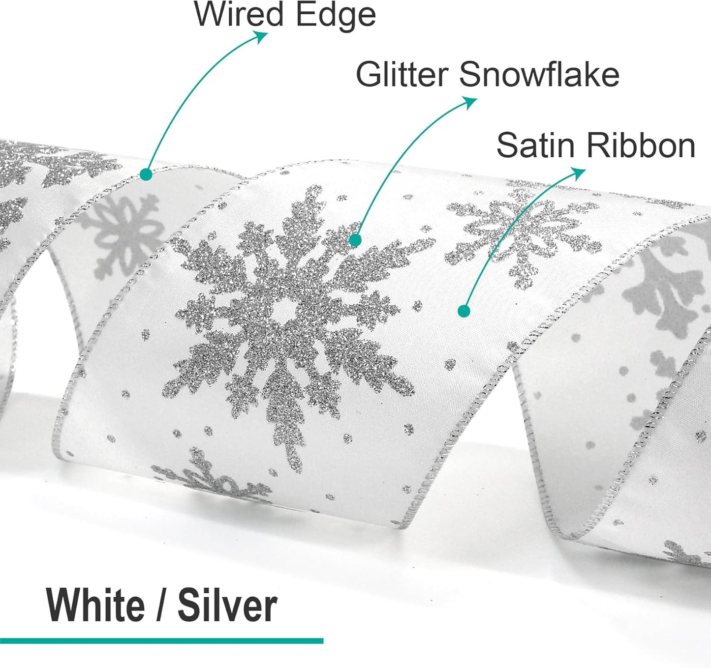 CT CRAFT LLC White Satin with Silver Snowflake Wired Ribbon 2.5 Inch x 10 Yards for Christmas Home Decor Tree Topper Bow Gift Wrapping DIY Crafts Wreath Garland