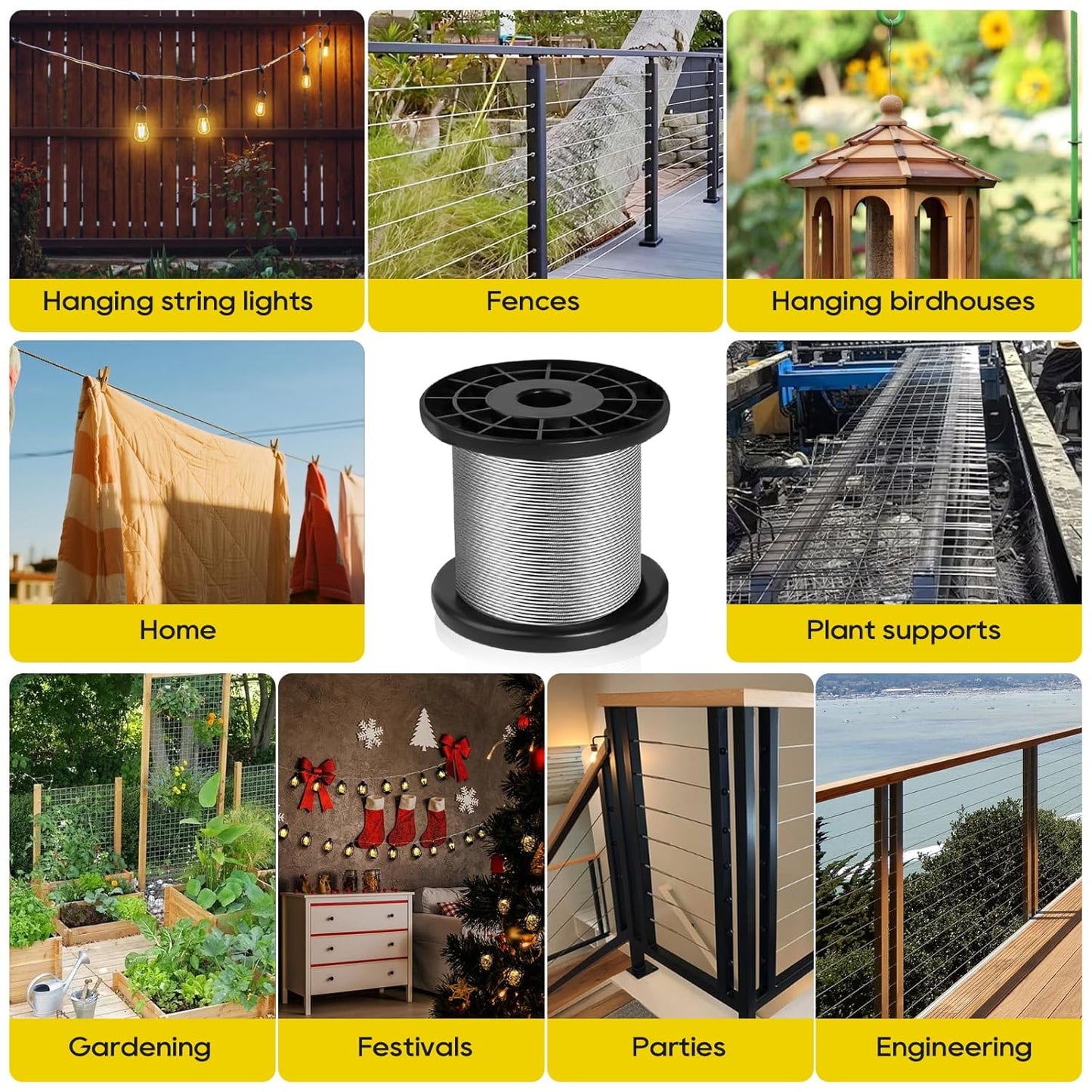 316 Stainless Steel Cable, 200FT 1/32IN Wire Rope 7 * 7 Strand with 50Pcs Aluminum Sleeves Stops, Guide Wire for Outdoor String Lights for String Lights Hanging, Clotheslines, Trellis (200FT)