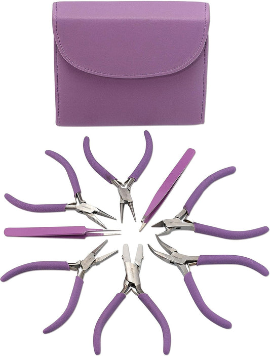 The Beadsmith Fashion Color Pliers – Set of 8 Slimline Color-Coordinated Tools – Matching Clutch in Orchid – Jewelry Making Supply Kit to Create Necklaces, Bracelets, Earrings & More