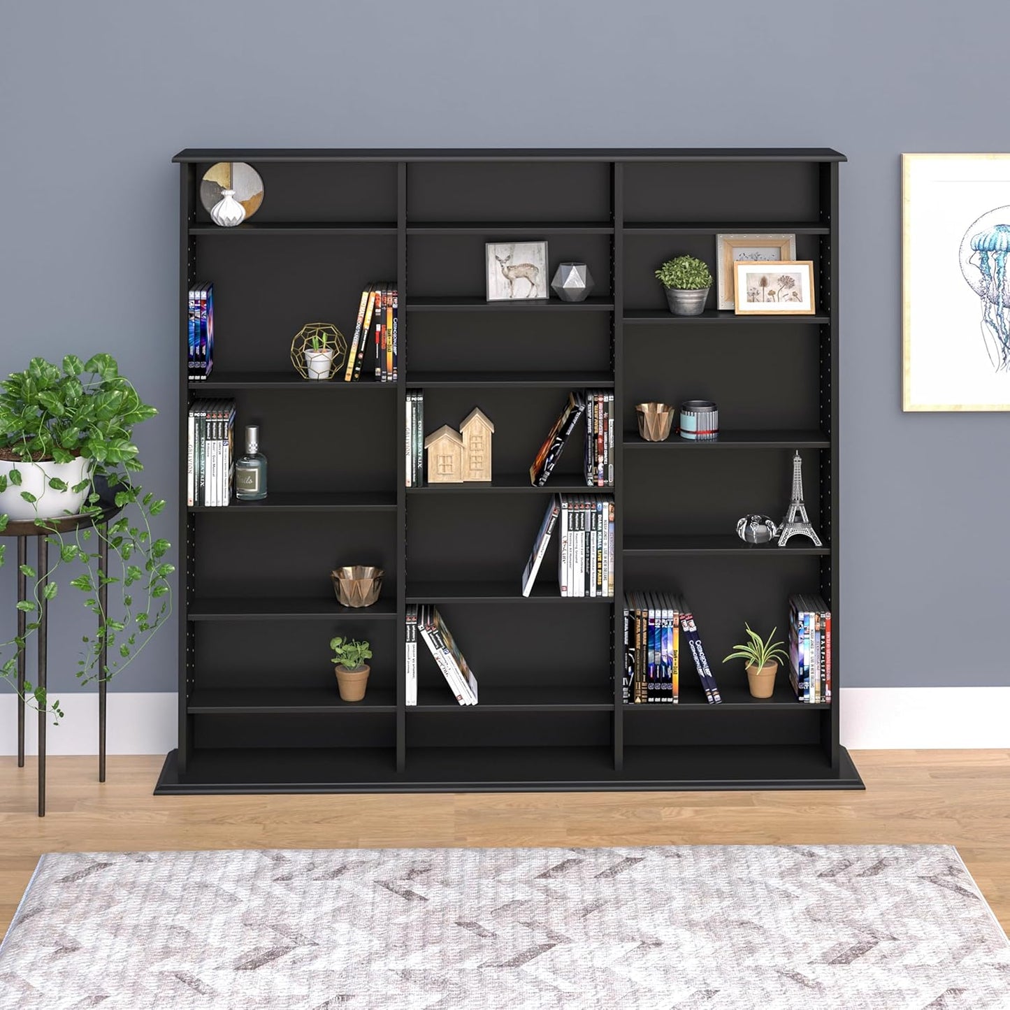 Prepac 3 Column Tall Media Storage Cabinet, Black Storage Cabinet, Display Cabinet, Multimedia Storage Organizer for CDs, DVDs, Blu-rays with 21 Adjustable Shelves 8.75" D x 56" W x 51" H
