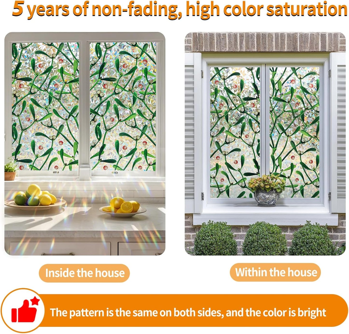 Window Privacy Film Stain Glass Window Film Rainbow Window Film Window clings Non-Adhesive Reusable Decorative for Room (Mistletoe Rainbow, 45.2 x 78.7 in)
