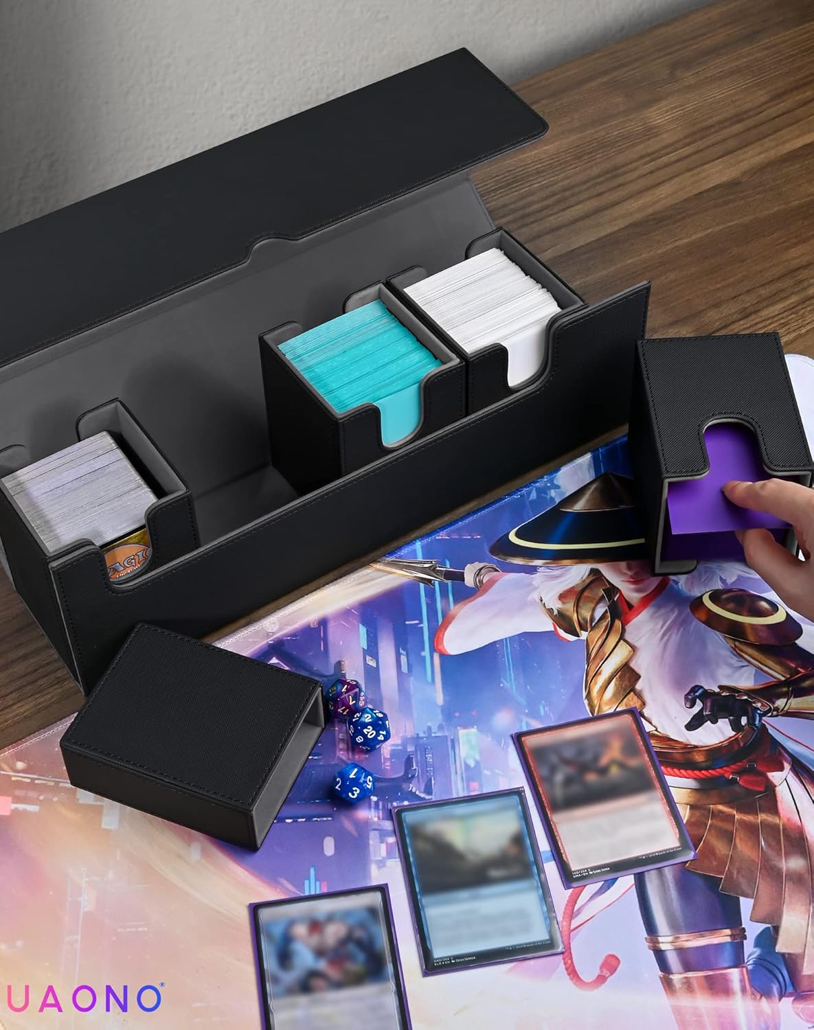 Card Deck Box with Dice Tray for MTG, 5 in 1 Card Deck Case Holds 800+ Unsleeved Cards, Strong Magnet Organizer Compatible with Yugioh TCG Sports Cards (Black)