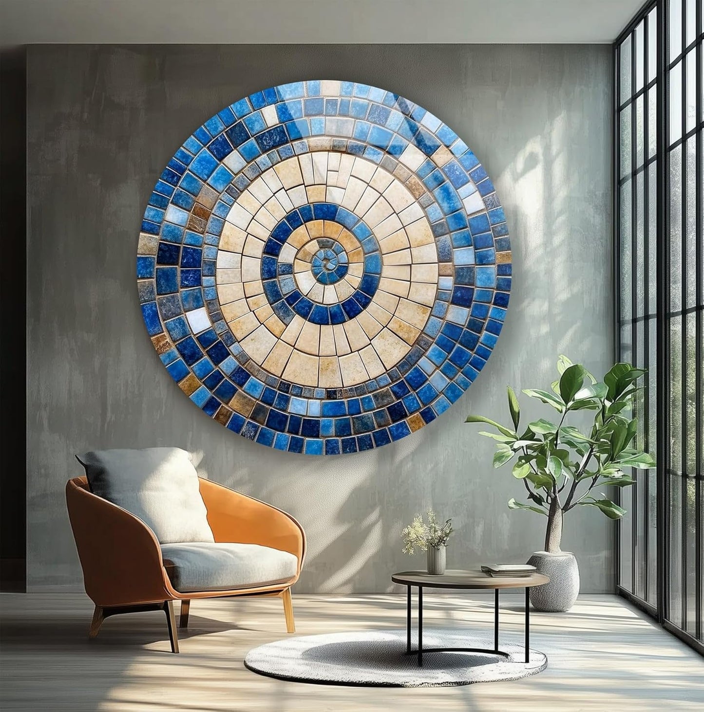 My Photostation.com 24''(60cm) Diameter Coastal Sunburst Beige & Blue Round Glass Wall Art Tempered Glass Printing Wall Decor Large Wall Art Wall Hangings