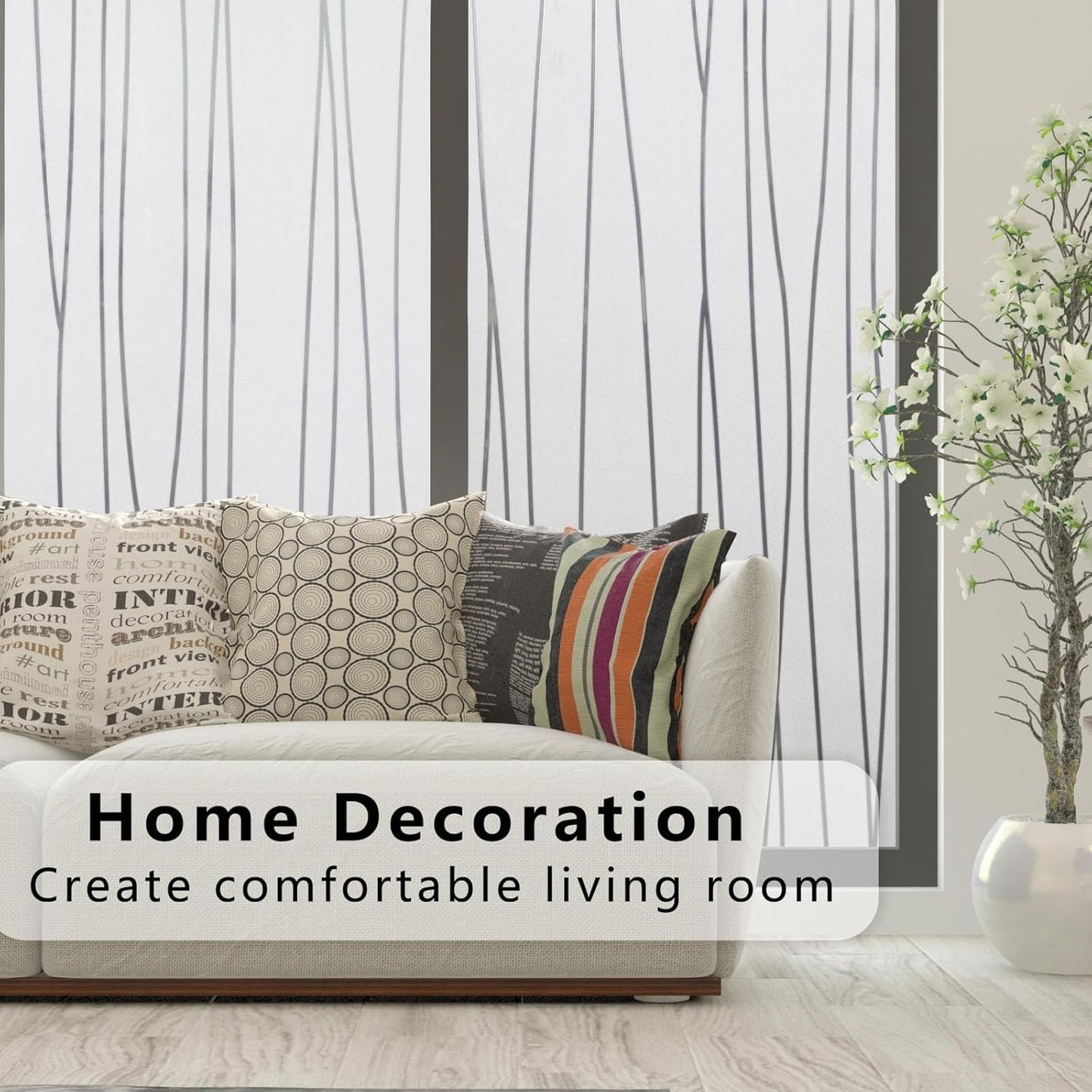 Finnez Window Privacy Film Decorative Frosted Window Cling Privacy Film for Glass, Non-Adhesive Heat Anti-UV for Home Office Living Room, Irregular Stripe Patterns, 17.5 x 157.4 Inches