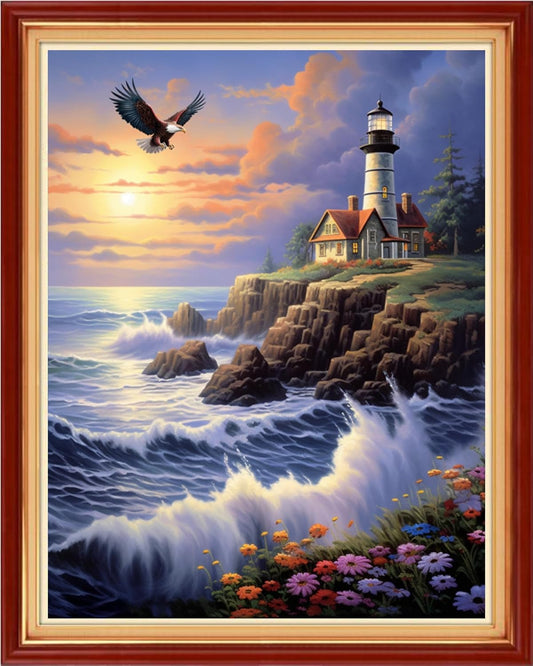 DMCVIVR Stamped Cross Stitch Kits for Adults Beginners Embroidery Kits 11CT Needlepoint Kits Cross Stitch Patterns Embroidery Patterns-Seaside Lighthouse 16x20 inch