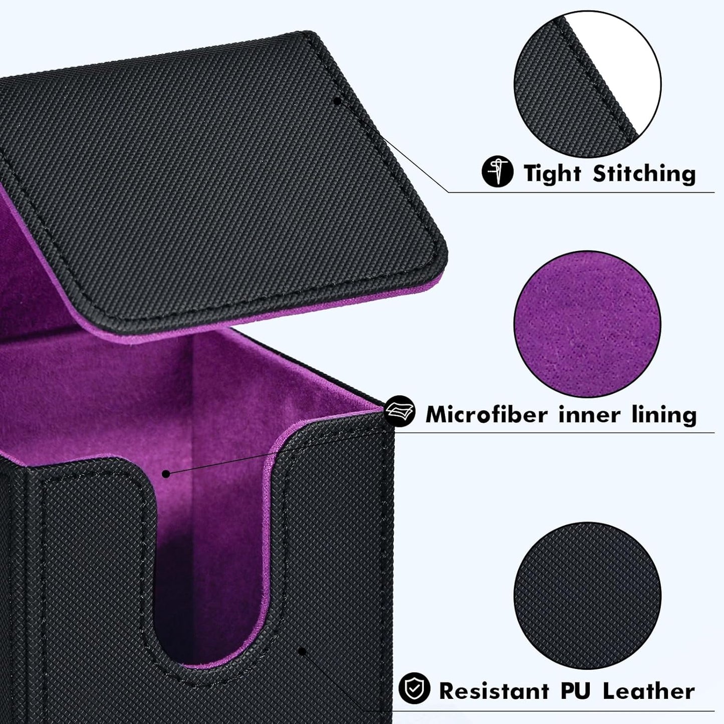 ZLCA Card Deck Box for MTG, Yugioh Deck Case Holds 100+ Single Sleeved Cards, PU Leather Magnetic Storage Box Fits for CCG TCG Sport Card (Black& Purple)