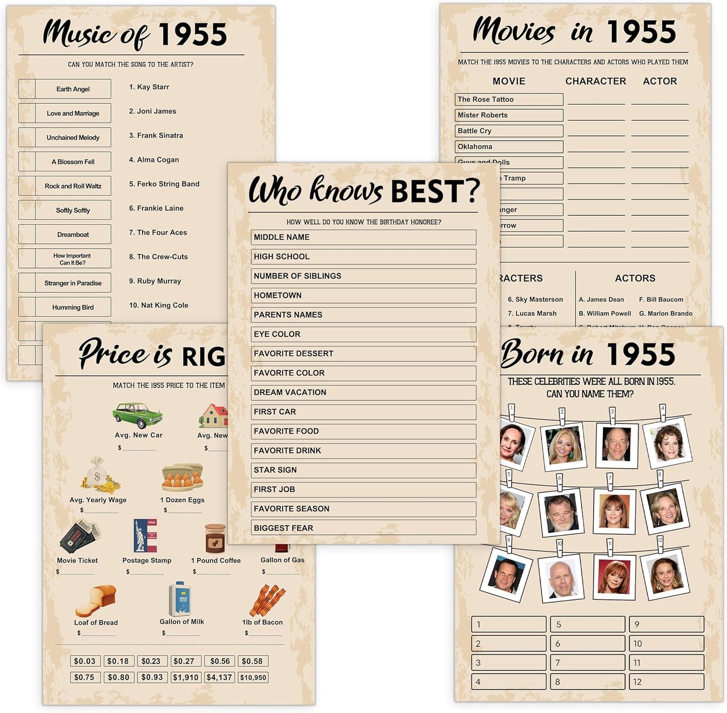 QUPT 70th Birthday Party Games, Set of 5 Activities for 10 Guests, Born in 1955 Games Bundle, Birthday Party Supplies for Adults, Pack of 50 Cards