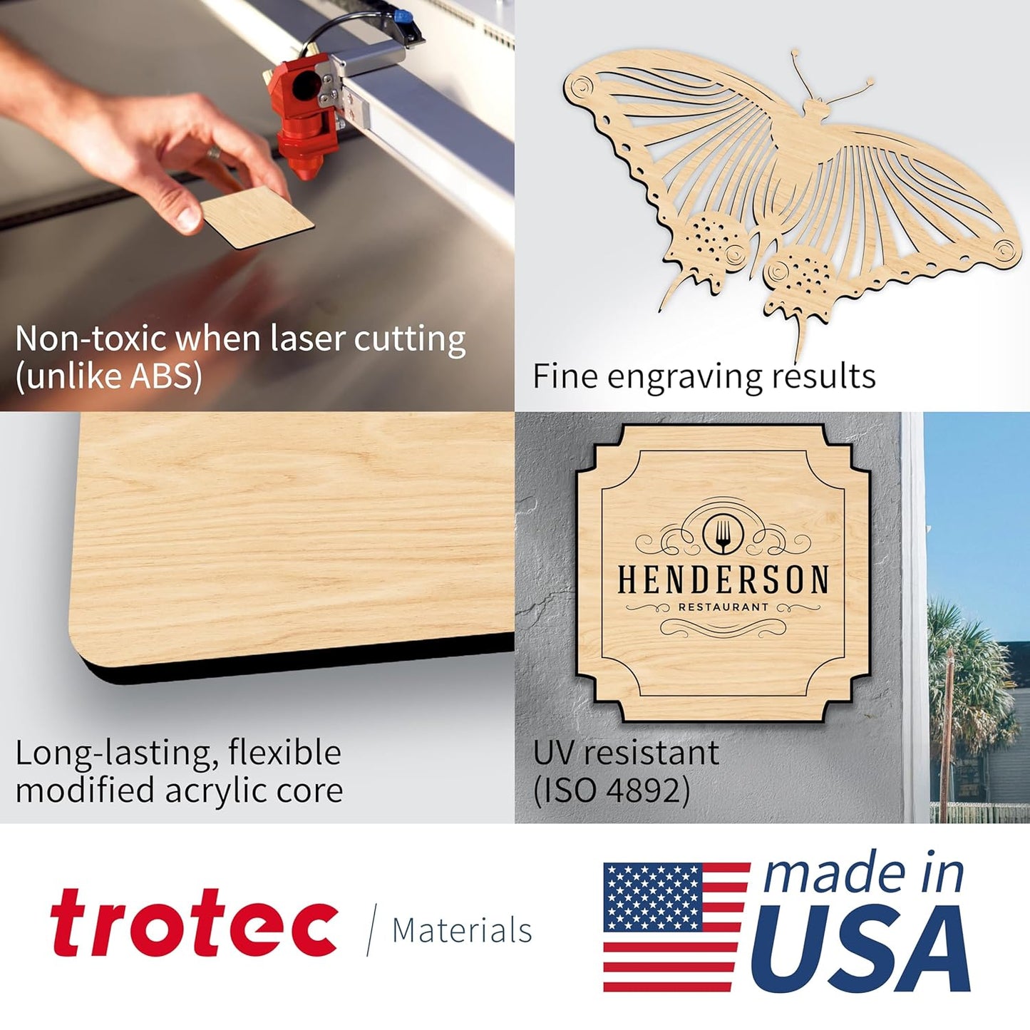 Trotec TroLase | 12"x24"x1/16", 4 Pcs | Maple/Black | 2 Ply | Modified Acrylic | Laser Engraving Double Color Plastic Sheet | Engraving Blanks for Laser, Saw, Guillotine | Made in USA