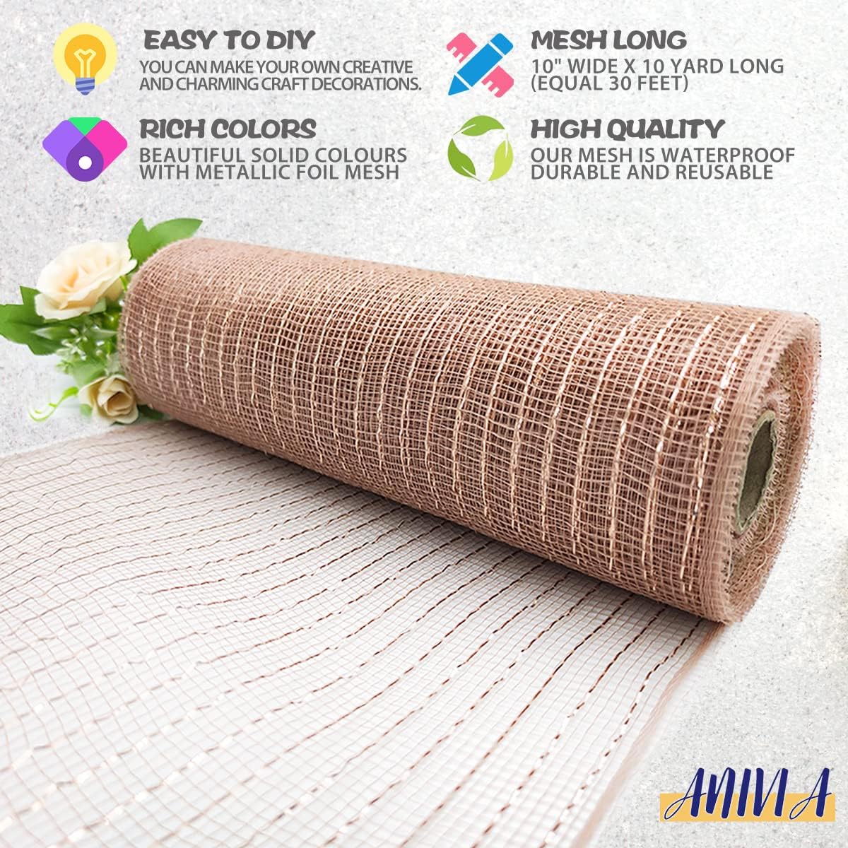 Anivia Deco Mesh Ribbon, 10inch x 30 Feet Each Roll Metallic Foil Mesh Ribbon for Wreaths Swags, Holloween, and Christmas Tree Decoration (Rose Gold)