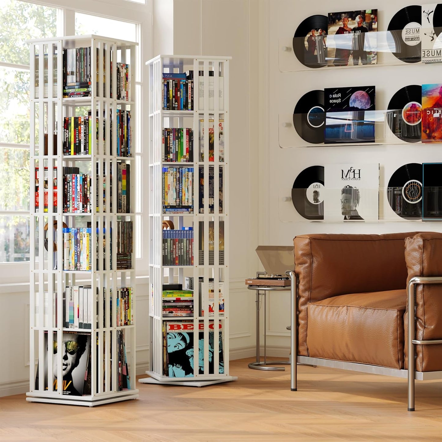 XIMN 360° Rotating Bamboo CD/DVD Shelf - 6-Tier Space-Saving Media Storage Cabinet for Movies, Organizer with Super Compact Design (White, 6 Tier)