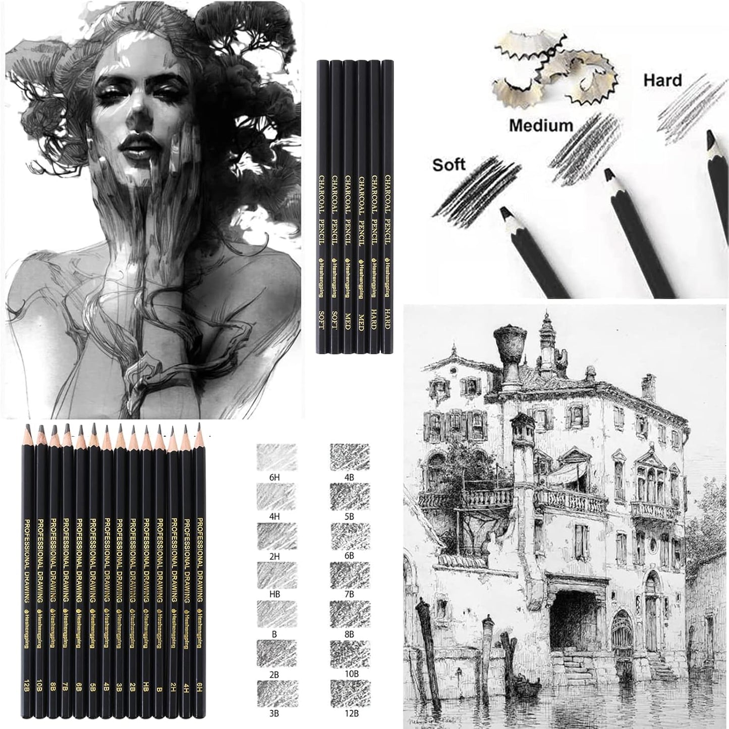 31 Drawing Sketching Pencils Kit, Portable Artist Supples Travel Case Set has Graphite, Charcoal, white color pencil, Blending Stump, gift for Adults Beginners for Drawing Sketch