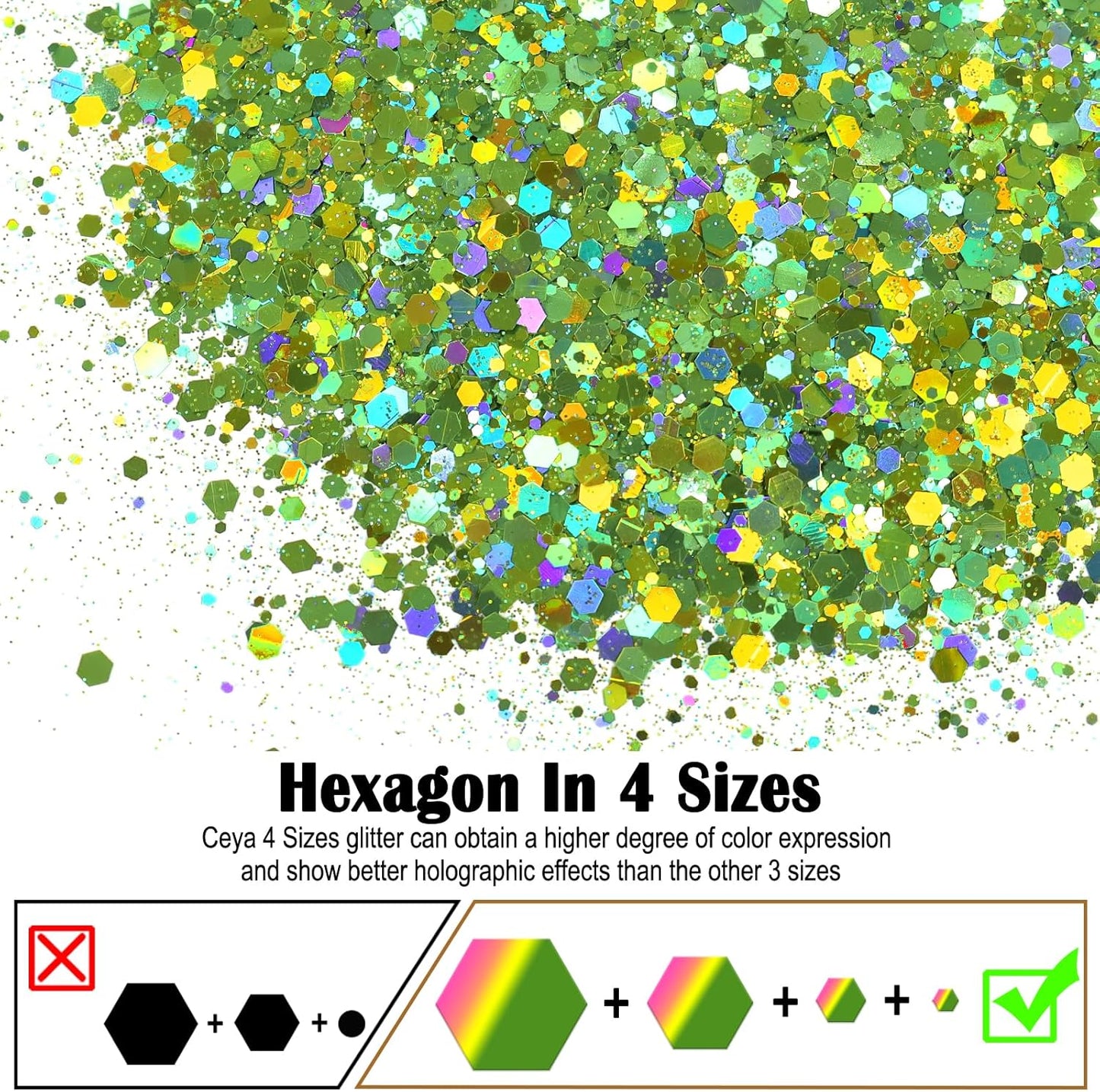 Ceya Holographic Chunky Glitter, 4.9oz/ 140g Light Green Craft Glitter Powder Mixed Chunky & Fine Flakes Iridescent Nail Sequins for St Patricks Day Party Decor, Epoxy Resin, Tumblers, Slime, Painting
