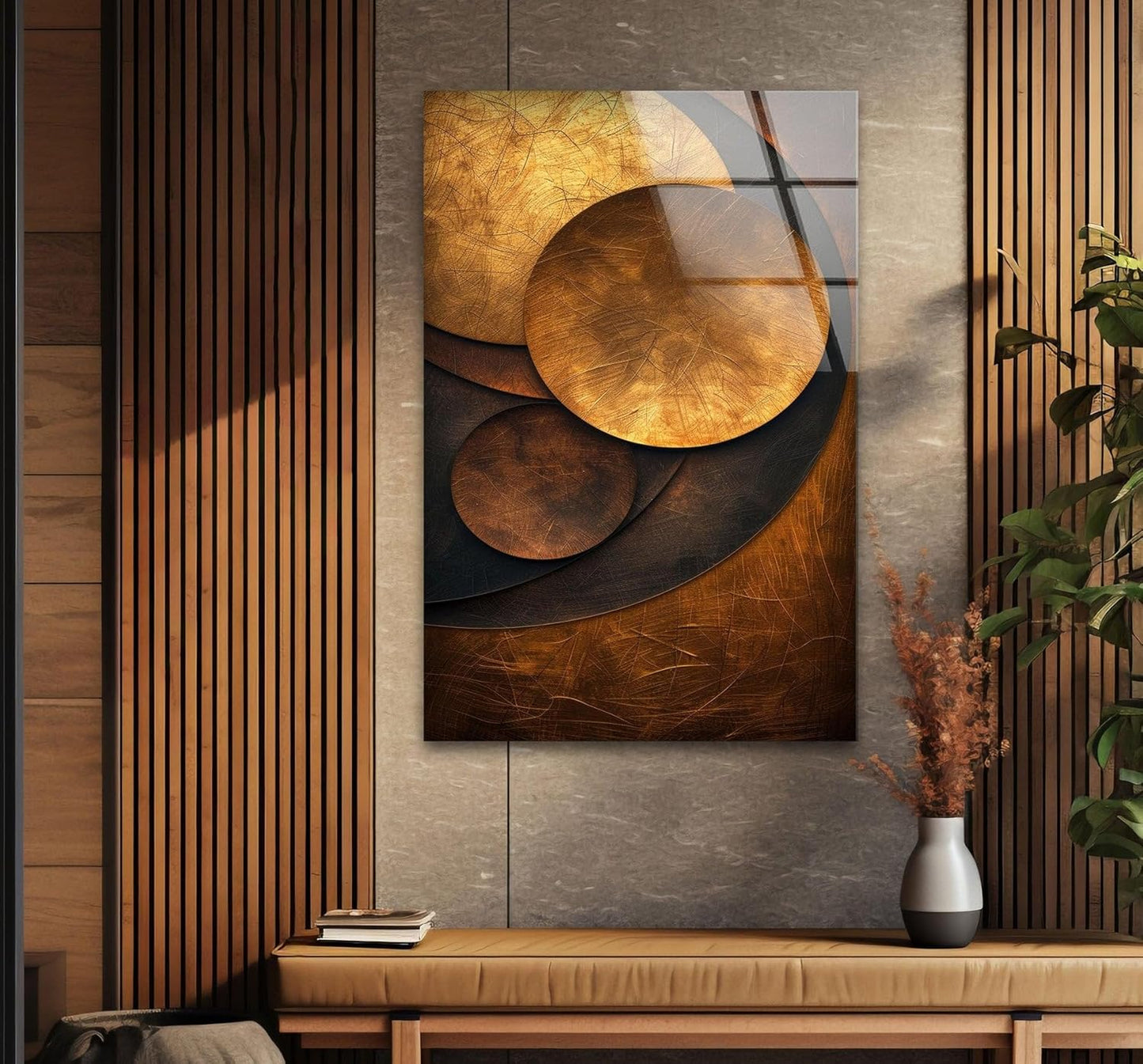 My Photostation.com 40WX60H'' Bronze Art Deco Geometric Motifs Glass Wall Art Tempered Glass Printing Wall Decor Large Wall Art Wall Hangings