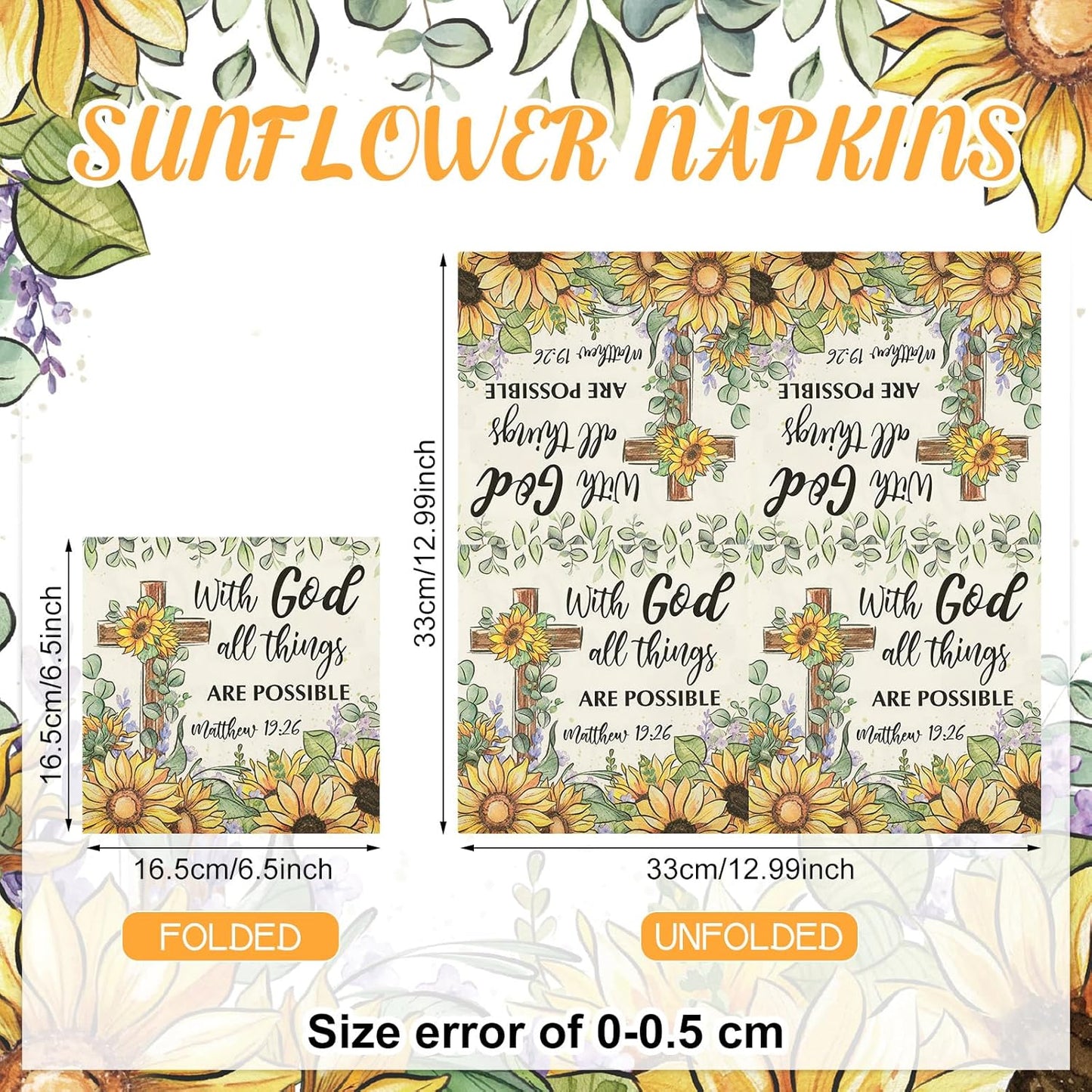 60 Pcs Sunflower Christian Cocktail Paper Napkins 6.5 x 6.5 Inches Disposable Paper Napkins Dessert Beverage Tissue for Decoupage Luncheon Tissue for Theme Party Wedding Birthday Party