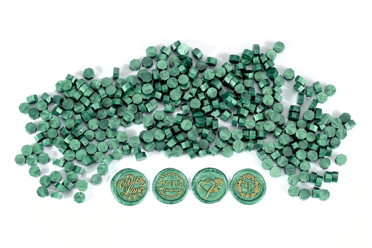 Yoption 360Pcs Metallic Green Sealing Wax Beads, Hexagon Wax Seal Beads with 4Pcs Tea Candles and 2 Melting Spoons for Wedding Invitations, Wine Packaging, Gift Wrap, Envelopes