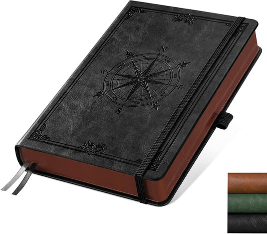 AHGXG Thick Journal Dotted Notebook for Men - 320 Numbered Pages A5 Notebook for Writing, 100gsm Dot Paper, Vintage Leather Hardcover, for Women Work Office School, 5.75'' X 8.38''- Black