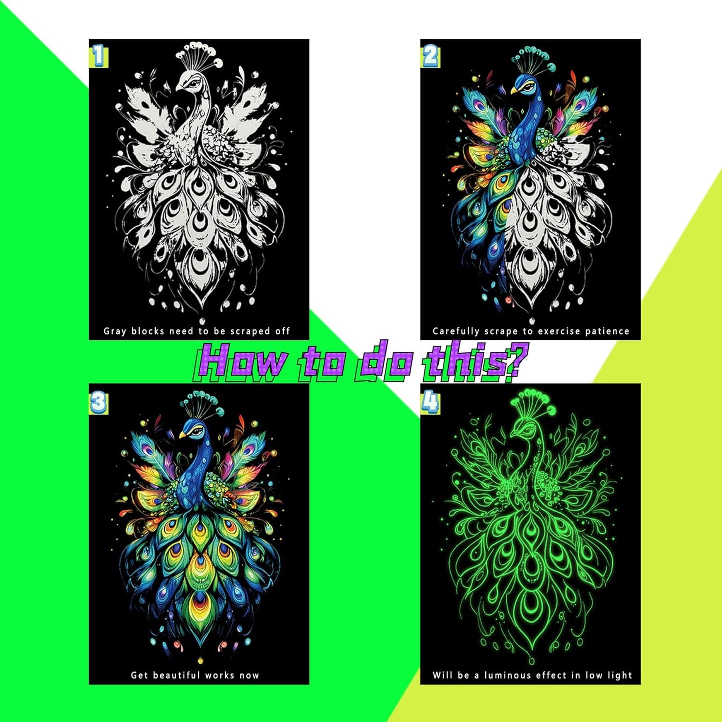 Scratch Paper Art for Adults-Glow in The Dark Scratch Painting Craft Kit (8 Sheets A4)|Foil Engraving Art Set|Stress Relief Gift for Craft Lovers|Creative Scratch Art Home Decor(Butterfly&Peacock)‌