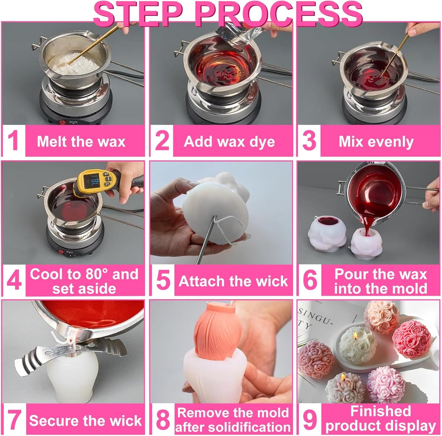 JDH 2 PCS Rose Ball Round Candle Mold 3D Rose Flowers Silicone Mold Flower Molds de silicona para velas for Candy & Home Decor - Resin Casting & Making Molds for Candle, Resin, Soap & Chocolate