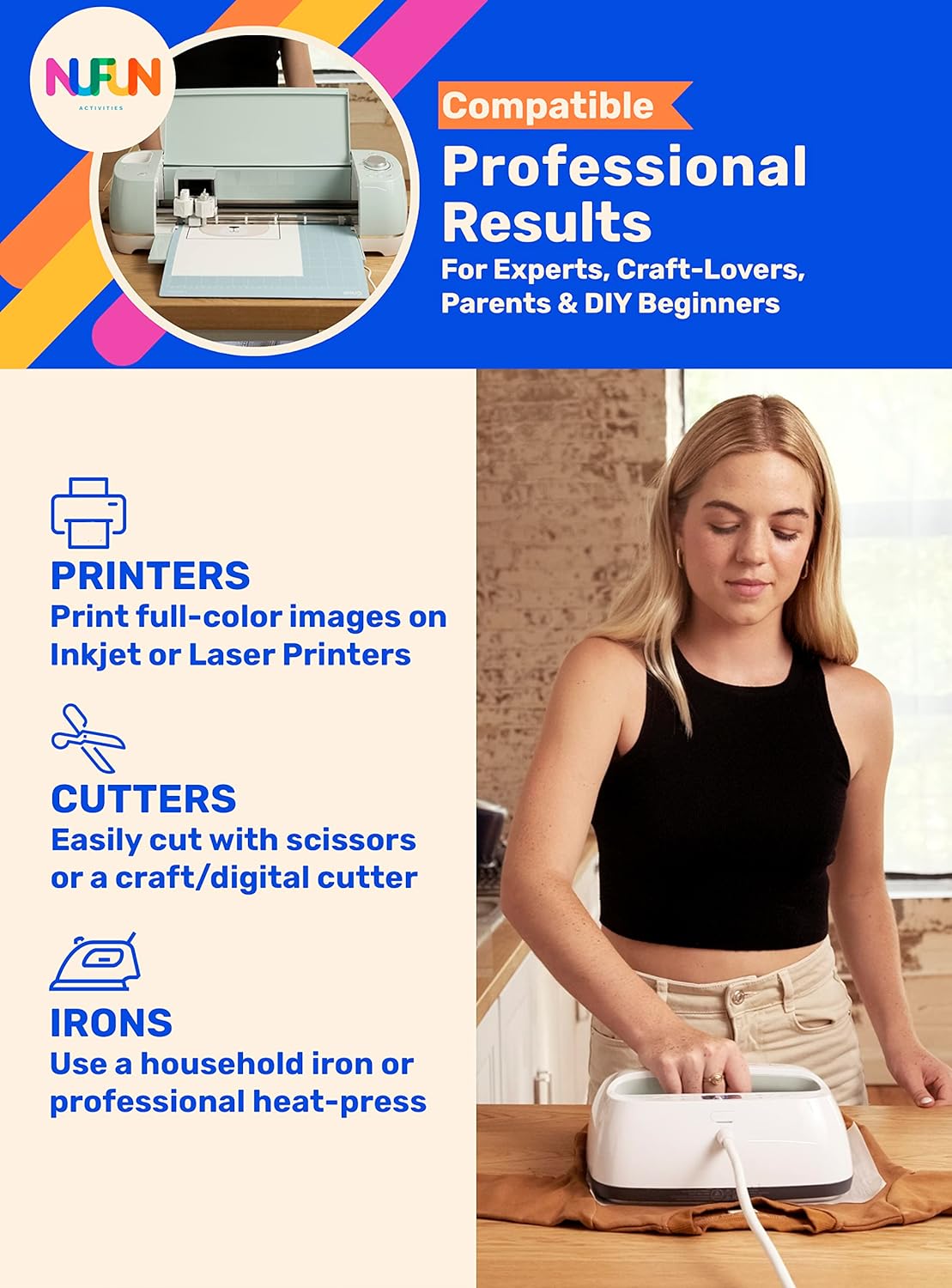NuFun Activities Printable Iron-on Heat Transfer Paper for T Shirts, Dark Fabrics, 100 Sheets 8.5 x 11 inch, Long Lasting, Durable, Professional Quality, Easy DIY, Non-Toxic, Made In the USA