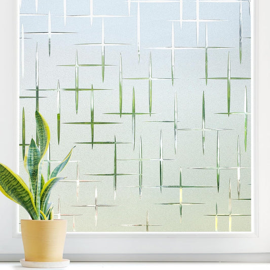 DOWELL Window Privacy Film Frosted Glass Window Film, Sun Blocking Non-Adhesive Glass Cling, Decorative Door Sticker, Self Static-Cling Tint Covering for Home Office, Cross Pattern 17.5" x 118.1"