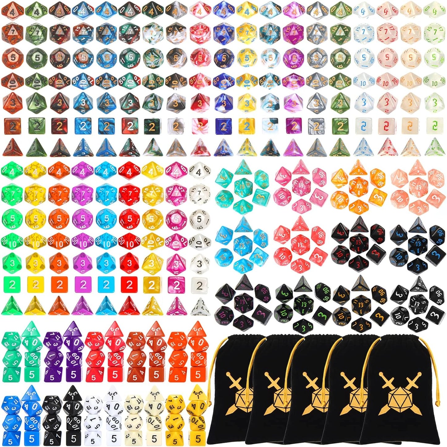 Yilloog 350 Pcs Compatible with DND Dice Sets Bulk Polyhedral Dice with Drawstring Bag Dice Multi Role Playing Table Game D4 D6 D8 D10 D% D12 D20 Compatible with Dungeons and Dragons (Classic Style)