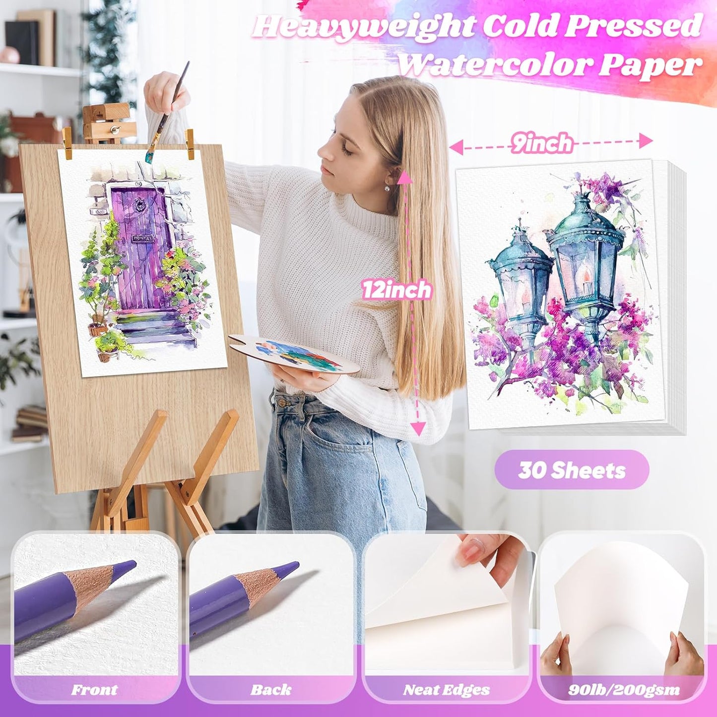 Watercolor Paper, Art Supplies for Adults Kids, 9"x12" Artist Sketch Easel Acrylic Painting Water Color Drawing Paper Bulk, Valentines Day Easter Gifts for 8 9 10 11 12 13 14 Year Old Teens Girl Boys