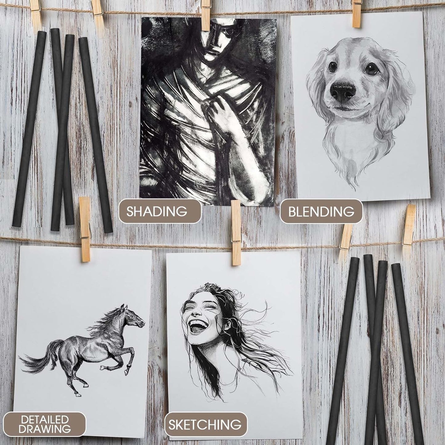 Gueevin 24 Pcs Willow Charcoal Sticks, Willow Charcoal, Artists, Beginners, Students, Perfect for Sketching, Drawing, Shading, and Fine Art Christmas Gifts for Art (2-4mm，4-5mm，5-7mm，7-9mm)