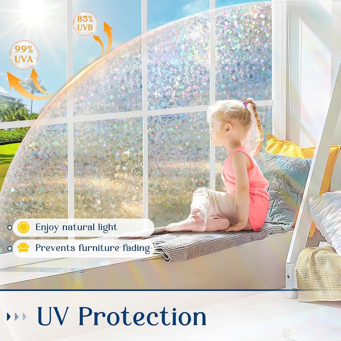 Haton Window Privacy Film, Rainbow Stained Glass Window Clings, 3D Decorative UV Sun Blocking Sticker, Removable Static Cling Heat Control Tint for Home Door, 35.4" x 78.7" Non-Adhesive