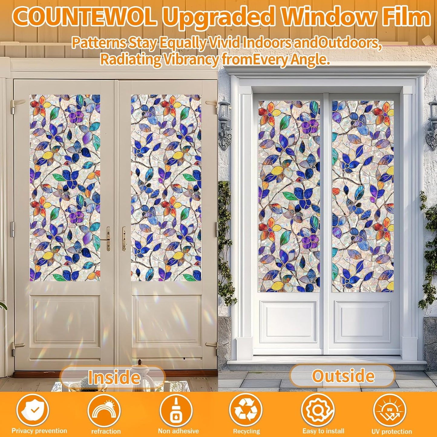 Window Privacy Film Stain Glass Window Film Rainbow Window Film Window clings Non-Adhesive Reusable Decorative for Room (Stained Leaf, 17.5 x 157.4 in)