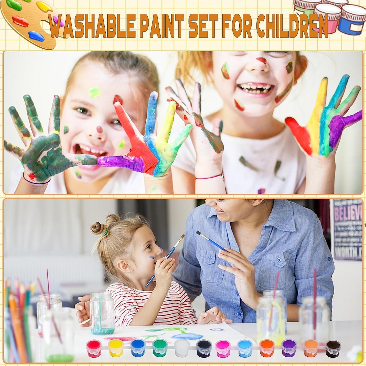 DUA MAIGA 210 Pcs Mini Acrylic Paint Set,12 Colors Acrylic Paint Strips with 30 Pcs Paint Brushes for Kids & Adults, Kids Paint Set for Home Birthday Classroom Party Favors