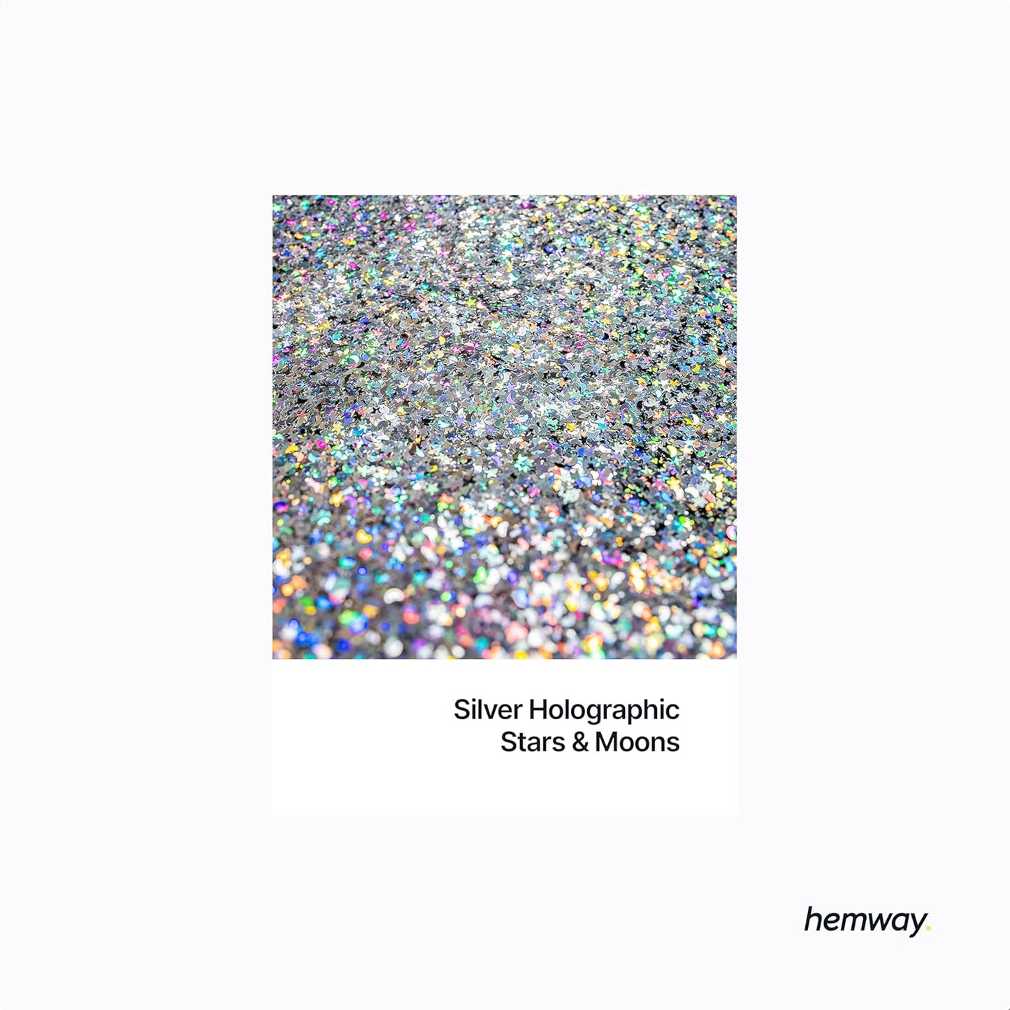 Hemway Polyurethane & Epoxy Resin Glitter Metallic Crystal Flake Additive for Flooring, Jewellery, Tumblers & Resin Moulds 100g / 3.5oz - Shaped (0.3mm x 1.5mm) - Silver Holographic Stars & Moons