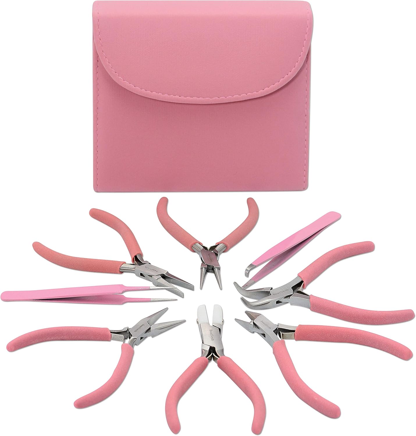 The Beadsmith Fashion Color Pliers – Set of 8 Slimline Color-Coordinated Tools – Matching Clutch in Bubblegum – Jewelry Making Supply Kit to Create Necklaces, Bracelets, Earrings & More