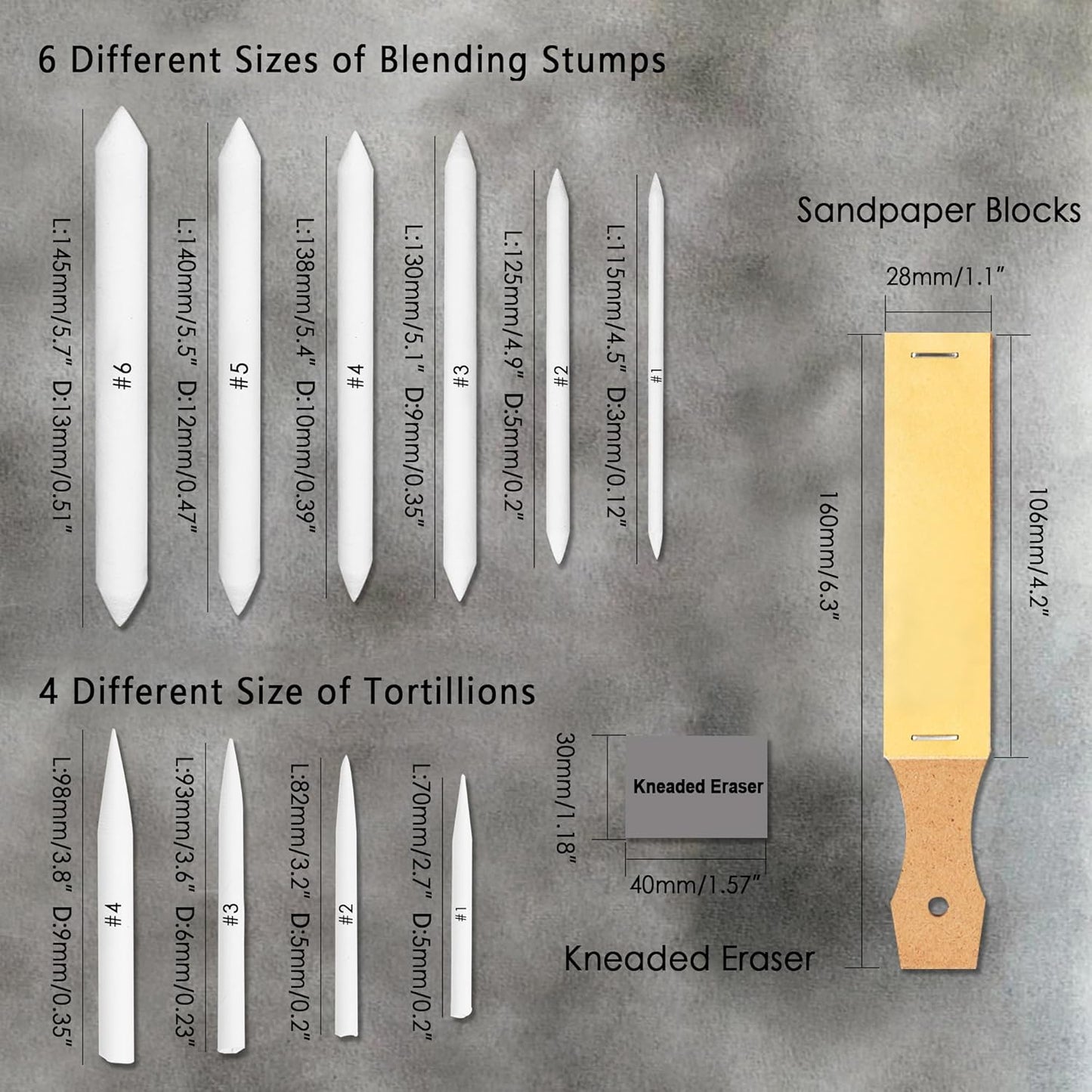HIFORNY 20 PCS Blending Stumps and Tortillions Set Blending Tools,Kneaded Eraser and Sandpaper Blocks
