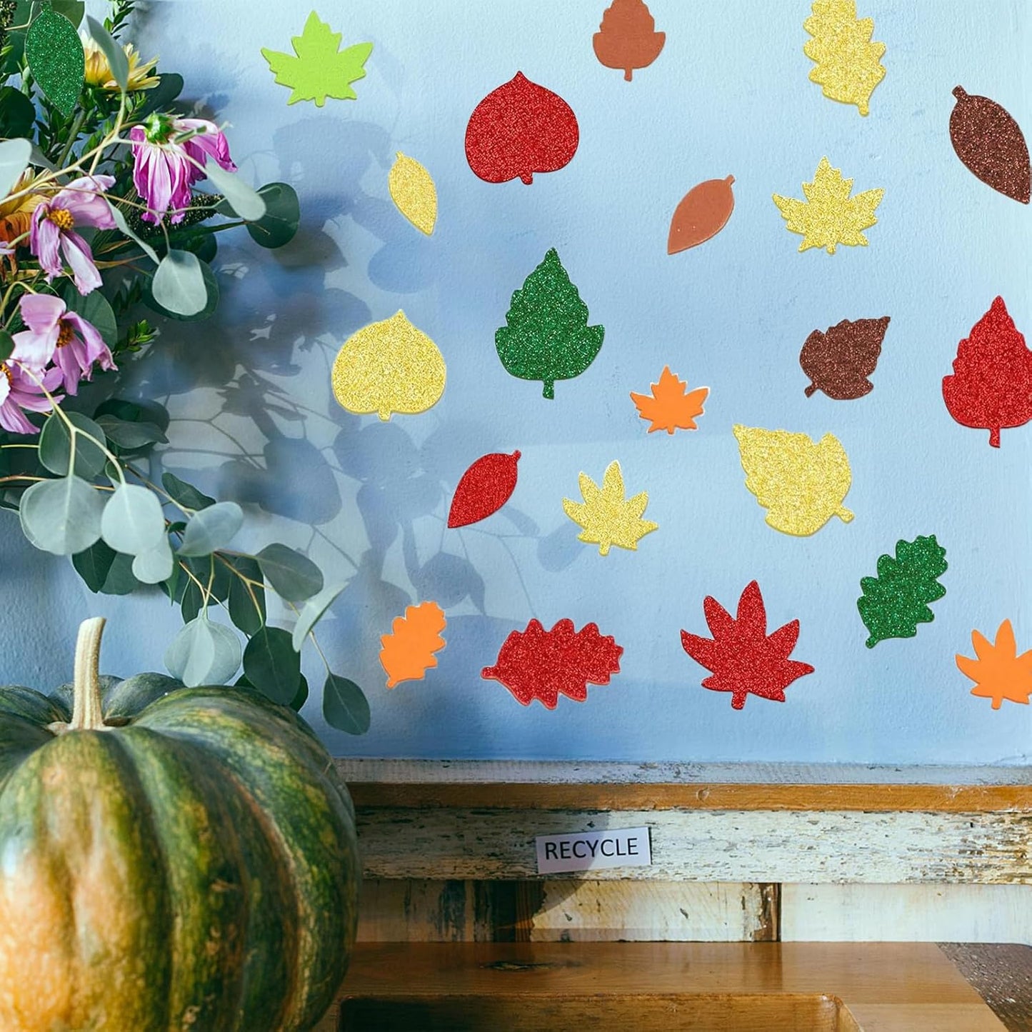 300Pcs Fall Foam Leaf Stickers, Autumn Glitter Maple Leaves Self Adhesive Foam Stickers Thanksgiving Party Favors DIY Crafts Decorations