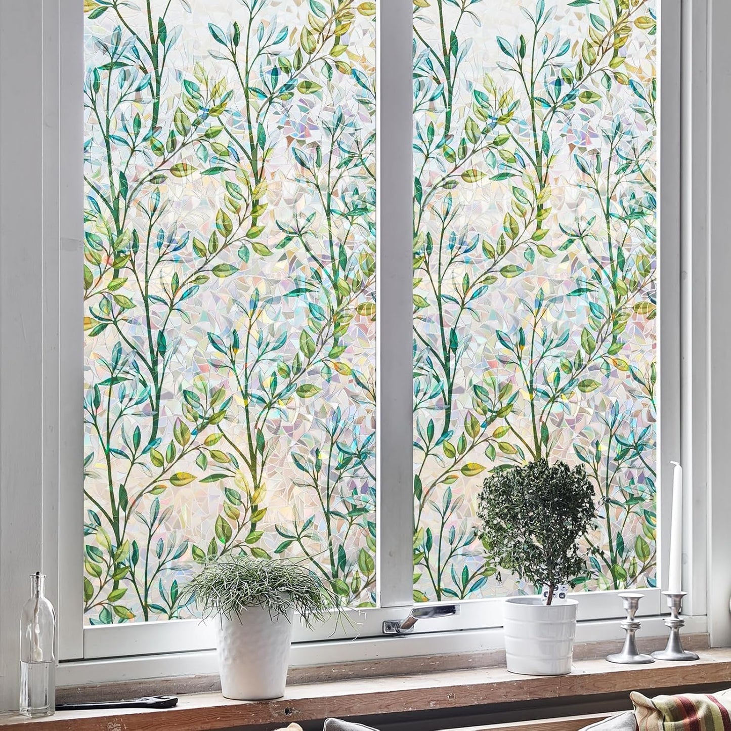 NINETREX Stained Glass Window Film 3D Decorative Cling, Sun Blocking Static Cling Removable Film for Glass Door, Home Decor Window Cover Non-Adhesive 29.5 x 78.7 inches, Leaf