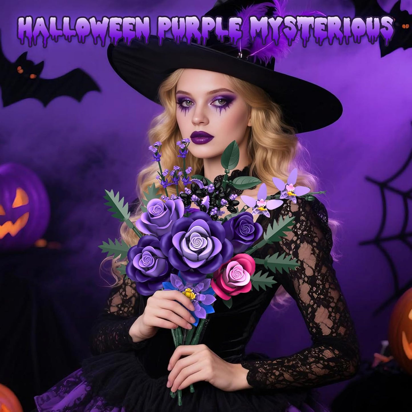 Purple Roses Flower Bouquet Building Sets, 834PCS Artificial Flowers Botanical Collection Compatible with Lego Flowers for Adults Gothic Halloween Decor, Gifts for Halloween Christmas Valentines Day
